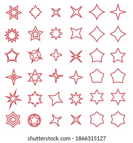 Red linear star sparkles vector set. Bright firework, decoration twinkle, shiny flash. Glowing light effect