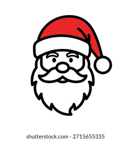Ilustração Vetorial de Linha Vermelha de Cabeça de Papai Noel com Óculos de Sol, Barba Bushy e Chapéu Clássico no Plano de Fundo Branco em Logo Style.Simp;e Illustration.