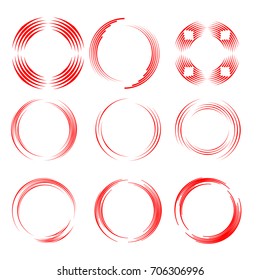 Red Lines in Circle Form . Spiral Vector Illustration .Technology round Logo . Design element . Abstract Geometric shape . Striped border frame for image