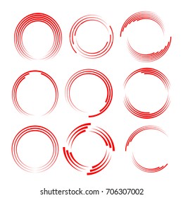 Red Lines in Circle Form . Spiral Vector Illustration .Technology round Logo . Design element . Abstract Geometric shape . Striped border frame for image