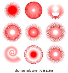 Red Lines in Circle Form . Spiral Vector Illustration .Technology round Logo . Design element . Abstract Geometric shape . Striped border frame for image
