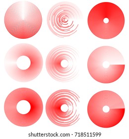 Red Lines in Circle Form . Spiral Vector Illustration .Technology round Logo . Design element . Abstract Geometric shape . Striped border frame for image