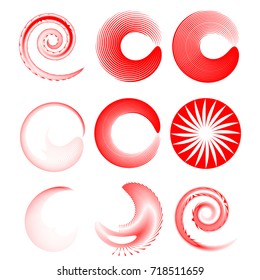 Red Lines in Circle Form . Spiral Vector Illustration .Technology round Logo . Design element . Abstract Geometric shape . Striped border frame for image