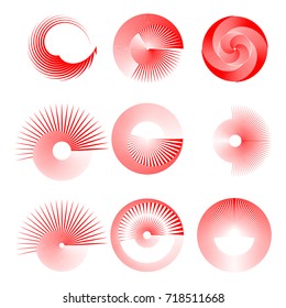 Red Lines in Circle Form . Spiral Vector Illustration .Technology round Logo . Design element . Abstract Geometric shape . Striped border frame for image