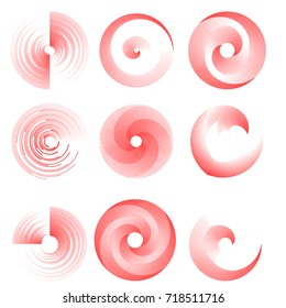 Red Lines in Circle Form . Spiral Vector Illustration .Technology round Logo . Design element . Abstract Geometric shape . Striped border frame for image