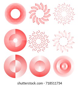 Red Lines in Circle Form . Spiral Vector Illustration .Technology round Logo . Design element . Abstract Geometric shape . Striped border frame for image