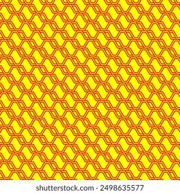 Red lines create hexagonal pattern on yellow. Suitable for backgrounds, abstract designs, geometric concepts, tech visuals, website banners.