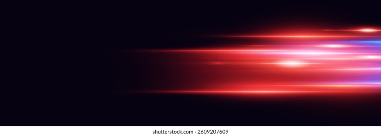 Red lines of speed and light. Neon light effect.