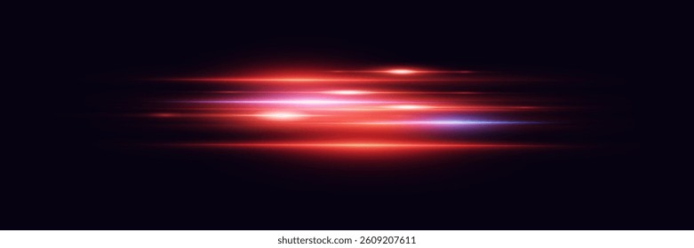 Red lines of speed and light. Neon light effect.