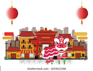 Red lion dance in town, vector illustration