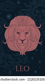 red lion head with abstract blue background, sun and moon
