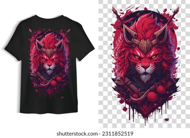 Red Lion Head Warrior T-shirt Design, Lion Head Illustration, Red Lion Vector Art