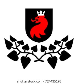 Red lion head with white crown on black shield with floral ornament below. Heraldry.