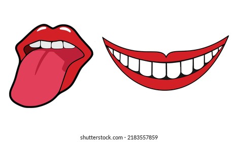 Red Lip Collection. Vector illustration of sexy woman's lips expressing different emotions like smiling, sticking out tongue. Isolated on white.
