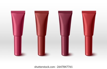 Red lip cream tubes mockup set in four different shades from pink to burgundy with glossy finish and ribbed caps isolated on white for cosmetic product branding, packaging design presentations.
