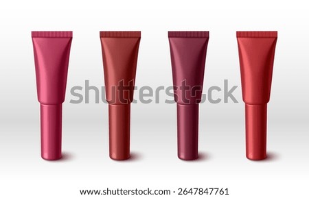 Red lip cream tubes mockup set in four different shades from pink to burgundy with glossy finish and ribbed caps isolated on white for cosmetic product branding, packaging design presentations.