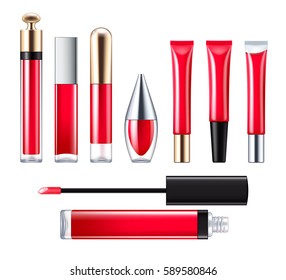 Red lip gloss with applicators set. Make-up cosmetic products vector 3D illustration. Good for ads design.