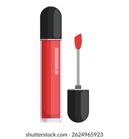Red lip gloss standing on white background with open cap showing applicator