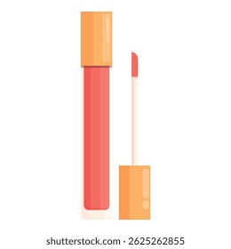 Red lip gloss standing on white background with open cap, beauty product illustration