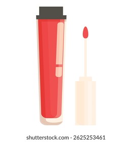 Red lip gloss standing with open applicator presenting color, beauty product for professional makeup