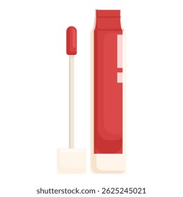 Red lip gloss in a transparent tube with a white cap, applicator pulled out and ready to use
