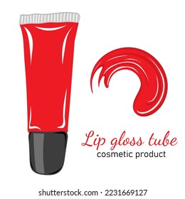 Red lip gloss tube isolated on white. Makeup cosmetic product. Hand drawn vector illustration