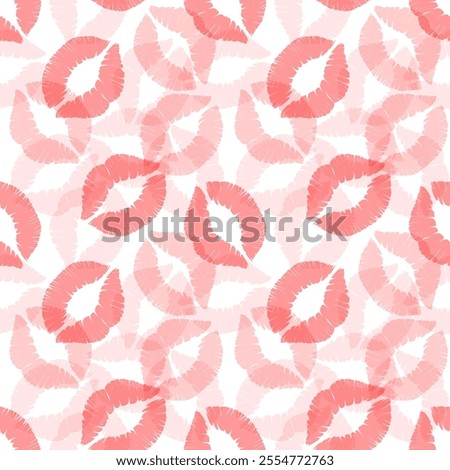 Red lip prints on a white background. Seamless vector pattern, print, illustration for Valentine's Day