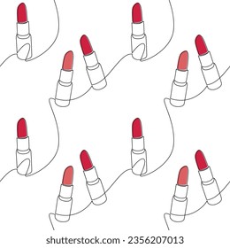 Red lip stick icon seamless pattern vector. Continuous line drawing. Graphic cartoon illustration. Fashion wallpaper, beauty background, fabric, textile, print, doodle backdrop, card, brochure.
