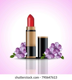 Red Lip stick mock up Vector with flowers decor. Cosmetics card realistic packaged