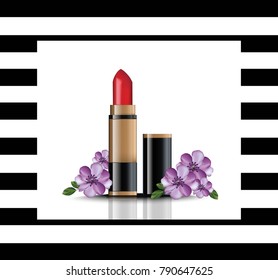 Red Lip stick mock up Vector. Cosmetics card realistic packages