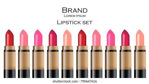 Red Lip stick set collection mock up Vector with flowers decor. Cosmetics card realistic package