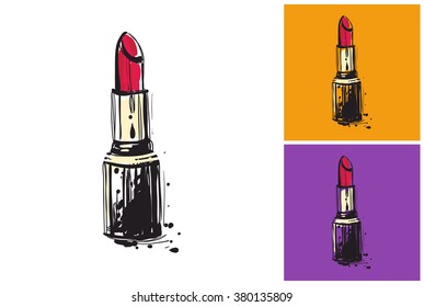 Red lip stick vector sketch in fashion style on white, yellow and purple background.