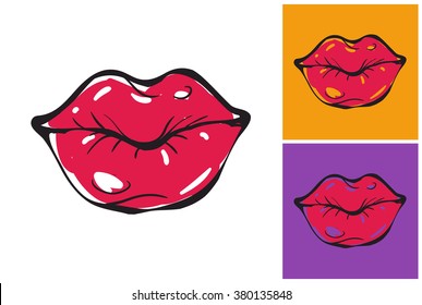 Red lip vector sketch in fashion style on white, yellow and purple background.