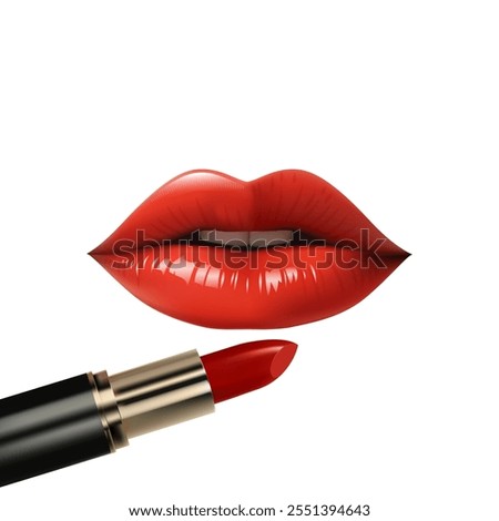 Red Lips 3d realistic with bright golden lipstick isolated on white. Realistic illustration