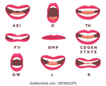 Red Lips Animation. Mouth Talk Sync, Beautiful Woman Lip Speaking English Language Pronunciation Letter, Sound Speech, Decent Set Vector Illustration. Human Facial Education, English Practice