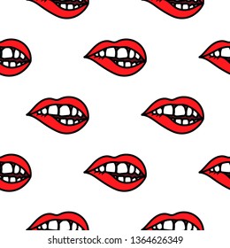 Red lips biting doodle seamless pattern background.