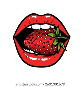 Labios rojos mordiendo una fresa fresca ilustración retro