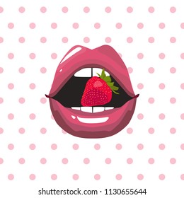 Red lips biting retro icon isolated. Pop art concept represented by female mouth icon. Vector illustration. 