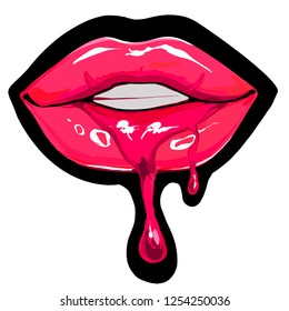 Red lips biting retro icon isolated on white background. Vector illustration.