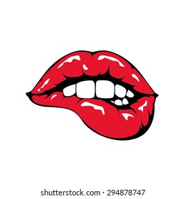 Red lips biting retro icon isolated on white background. Vector illustration.