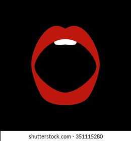 Labios rojos que muerden el icono retro aislado en fondo negro. Ilustración vectorial
