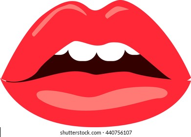 Icono retro de labios rojos mordiendo aislado en fondo blanco. Ilustración vectorial.