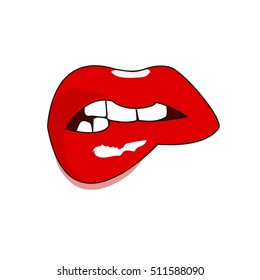 Red lips biting retro icon on a white background. Vector cartoon illustration.
