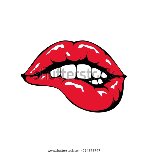 Red lips biting retro icon isolated on\
white background. Vector\
illustration.
