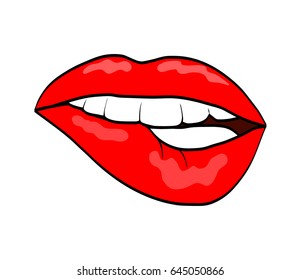 Red lips biting retro pop art comic style icon isolated on white background. Vector illustration.