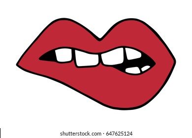 Red lips biting with teeth, mouth vector illustration doodle cartoon drawing. 