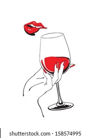 Red lips biting a wineglass