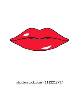 Red lips with black contour on white background vector illustration