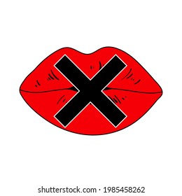 Red lips and black cross on white background, silence symbol, vector illustration