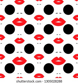 Red lips and black dots seamless pattern, fashion wallpaper background, vector illustration.